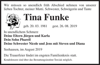 Traueranzeige von Tina Funke  von Magdeburger Volksstimme