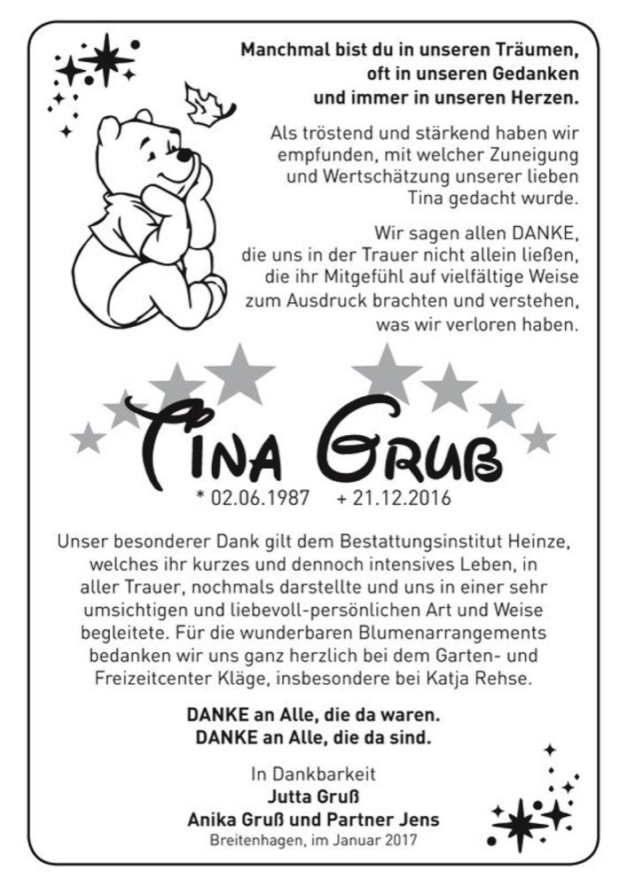  Traueranzeige für Tina Gruß  vom 14.01.2017 aus Magdeburger Volksstimme
