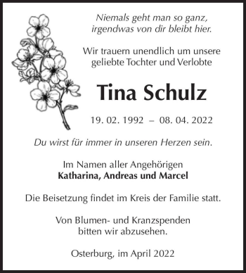 Traueranzeige von Tina Schulz  von Magdeburger Volksstimme