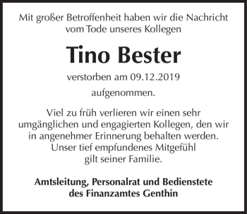 Traueranzeige von Tino Bester  von Magdeburger Volksstimme