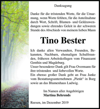 Traueranzeige von Tino Bester  von Magdeburger Volksstimme
