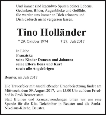 Traueranzeige von Tino Holländer  von Magdeburger Volksstimme