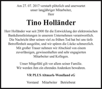Traueranzeige von Tino Holländer  von Magdeburger Volksstimme
