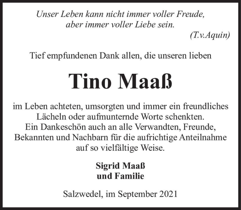  Traueranzeige für Tino Maaß  vom 28.09.2021 aus Magdeburger Volksstimme
