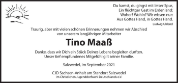 Traueranzeige von Tino Maaß  von Magdeburger Volksstimme