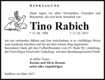 Traueranzeige von Tino Rabich  von Magdeburger Volksstimme