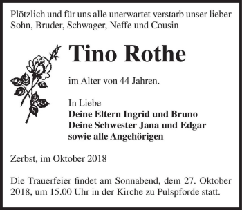 Traueranzeige von Tino Rothe  von Magdeburger Volksstimme