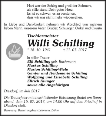 Traueranzeige von Tischlermeister Willi Schilling  von Magdeburger Volksstimme