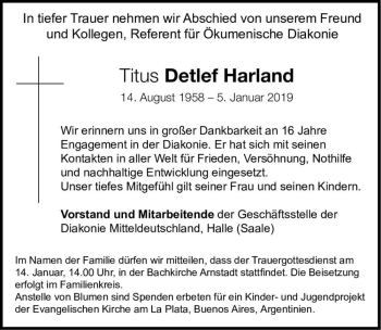 Traueranzeige von Titus Detlef Harland  von Magdeburger Volksstimme