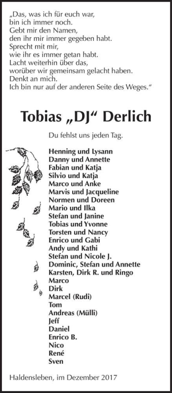 Traueranzeige von Tobias ,,DJ