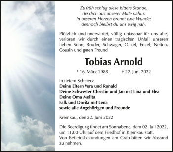 Traueranzeige von Tobias Arnold  von Magdeburger Volksstimme