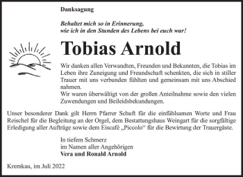 Traueranzeige von Tobias Arnold  von Magdeburger Volksstimme
