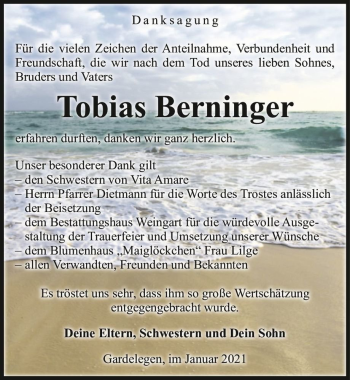 Traueranzeige von Tobias Berninger  von Magdeburger Volksstimme