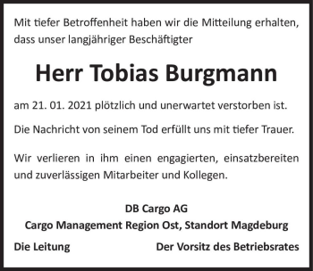 Traueranzeige von Tobias Burgmann  von Magdeburger Volksstimme