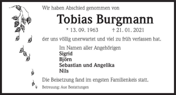 Traueranzeige von Tobias Burgmann  von Magdeburger Volksstimme