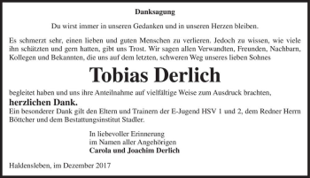 Traueranzeige von Tobias Derlich  von Magdeburger Volksstimme