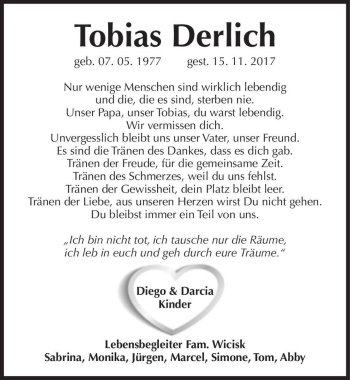 Traueranzeige von Tobias Derlich  von Magdeburger Volksstimme
