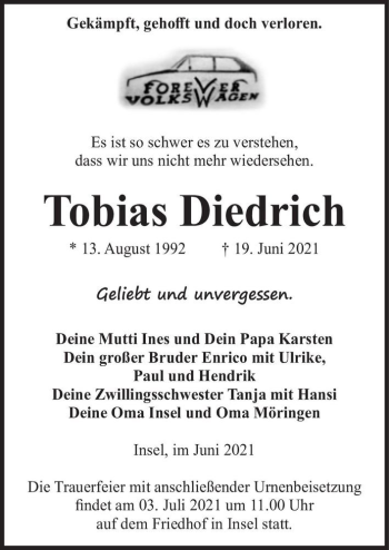 Traueranzeige von Tobias Diedrich  von Magdeburger Volksstimme