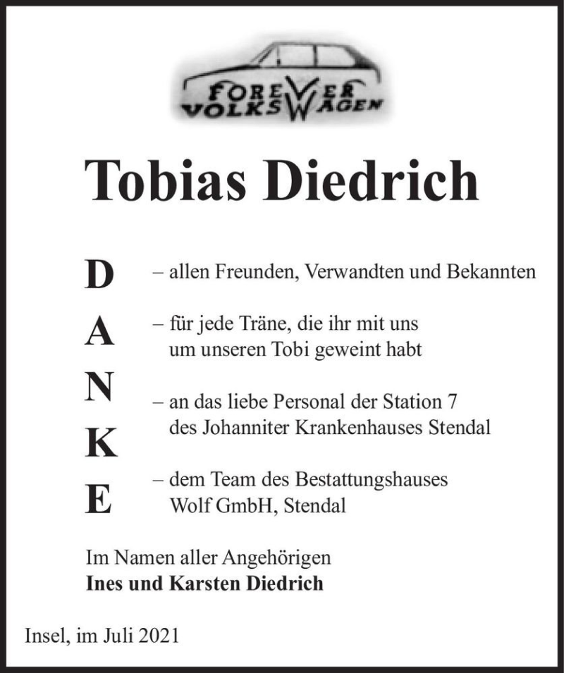  Traueranzeige für Tobias Diedrich  vom 10.07.2021 aus Magdeburger Volksstimme