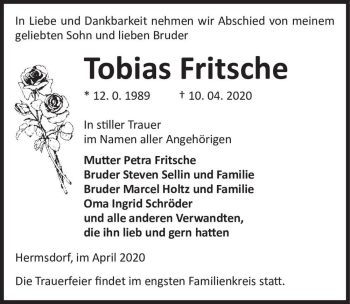 Traueranzeige von Tobias Fritsche  von Magdeburger Volksstimme