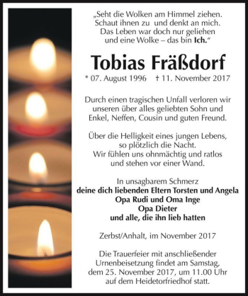 Traueranzeige von Tobias Fräßdorf  von Magdeburger Volksstimme