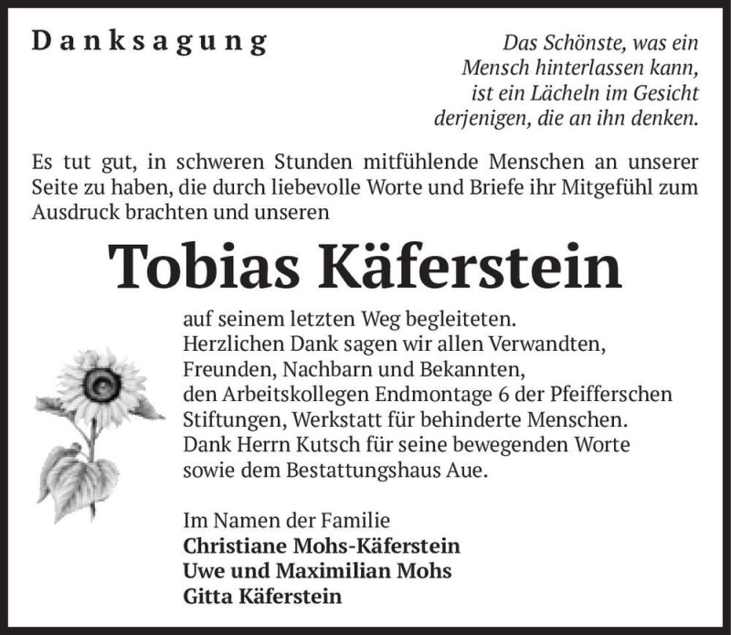  Traueranzeige für Tobias Käferstein  vom 25.07.2020 aus Magdeburger Volksstimme
