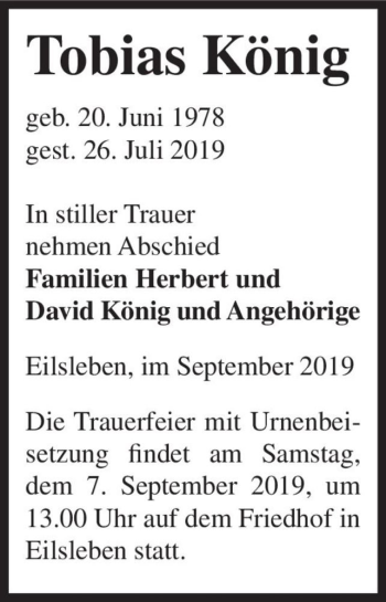 Traueranzeige von Tobias König  von Magdeburger Volksstimme