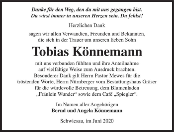 Traueranzeige von Tobias Könnemann  von Magdeburger Volksstimme