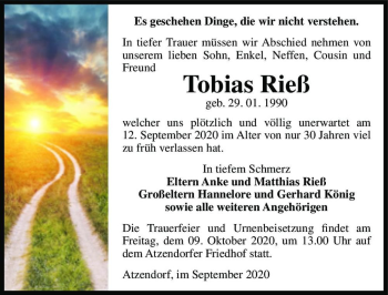 Traueranzeige von Tobias Rieß  von Magdeburger Volksstimme