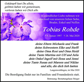 Traueranzeige von Tobias Rohde  von Magdeburger Volksstimme