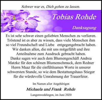 Traueranzeige von Tobias Rohde  von Magdeburger Volksstimme
