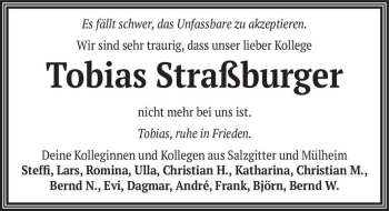 Traueranzeige von Tobias Straßburger  von Magdeburger Volksstimme