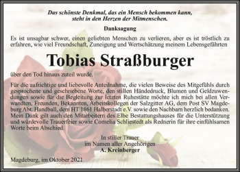 Traueranzeige von Tobias Straßburger  von Magdeburger Volksstimme