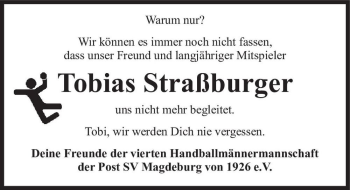 Traueranzeige von Tobias Straßburger  von Magdeburger Volksstimme
