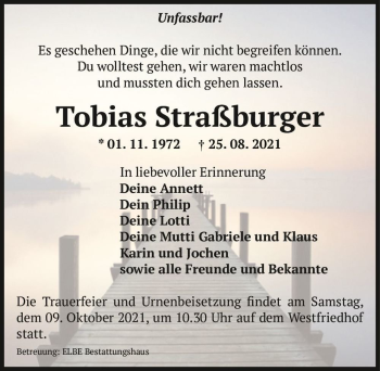 Traueranzeige von Tobias Straßburger  von Magdeburger Volksstimme