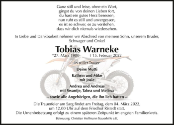 Traueranzeige von Tobias Warneke  von Magdeburger Volksstimme