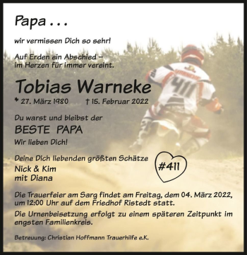 Traueranzeige von Tobias Warneke  von Magdeburger Volksstimme