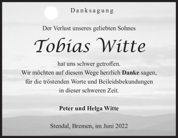 Traueranzeige von Tobias Witte  von Magdeburger Volksstimme