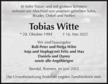 Traueranzeige von Tobias Witte  von Magdeburger Volksstimme