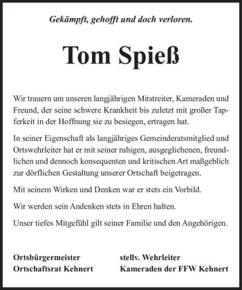 Traueranzeige von Tom Spieß  von Magdeburger Volksstimme