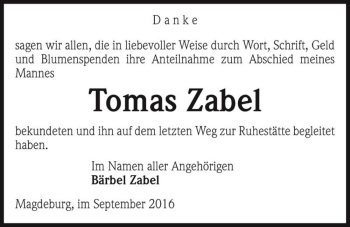 Traueranzeige von Tomas Zabel  von Magdeburger Volksstimme