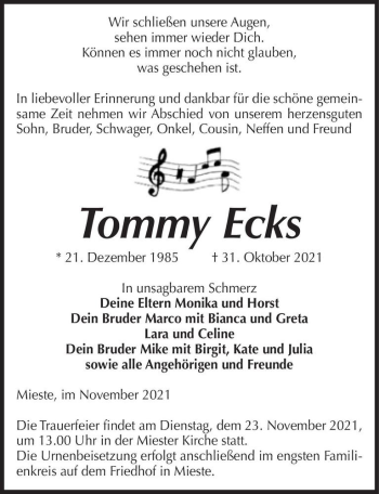 Traueranzeige von Tommy Ecks  von Magdeburger Volksstimme