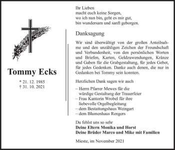 Traueranzeige von Tommy Ecks  von Magdeburger Volksstimme