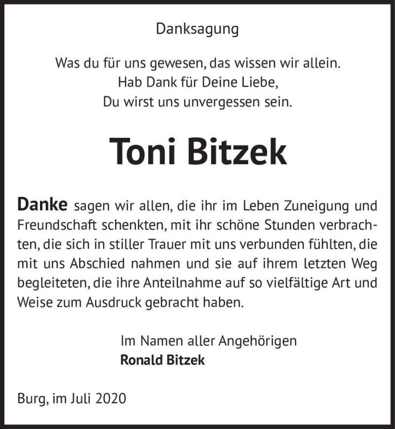  Traueranzeige für Toni Bitzek  vom 05.08.2020 aus Magdeburger Volksstimme