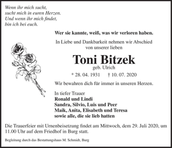 Traueranzeige von Toni Bitzek (geb. Ulrich)  von Magdeburger Volksstimme