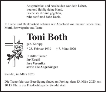 Traueranzeige von Toni Both (geb. Korupp)  von Magdeburger Volksstimme