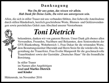 Traueranzeige von Toni Dietrich  von Magdeburger Volksstimme