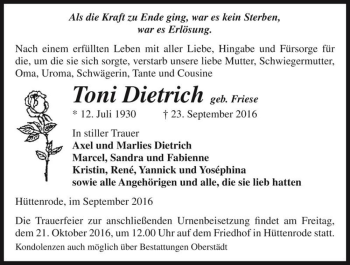 Traueranzeige von Toni Dietrich (geb. Friese)  von Magdeburger Volksstimme