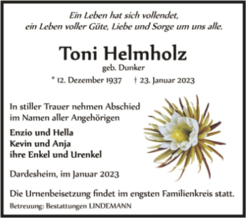 Traueranzeige von Toni Helmholz (geb. Dunker)  von Magdeburger Volksstimme
