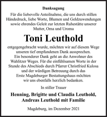 Traueranzeige von Toni Leuthold  von Magdeburger Volksstimme